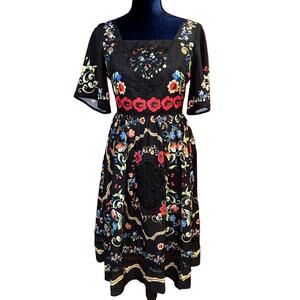 By Megan black floral embroidered dress womens M square neck midi 3/4 sleeve NWT